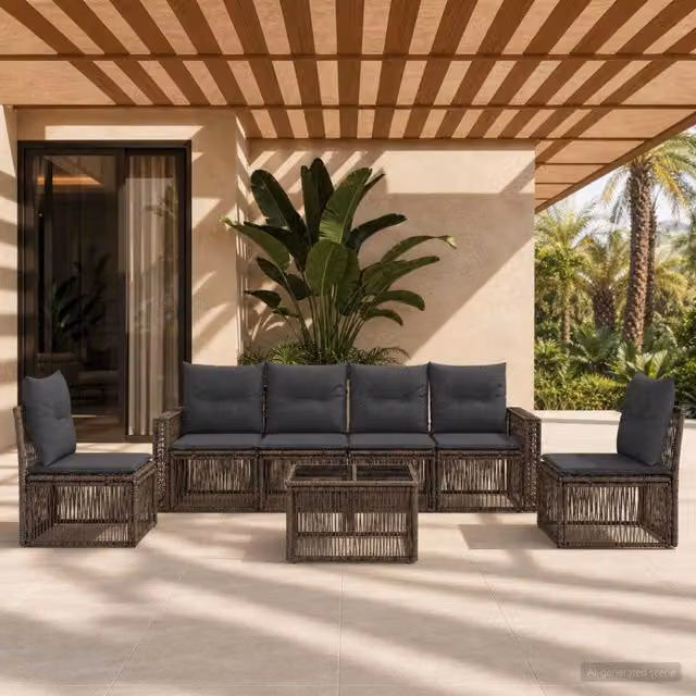 Set Divano da Giardino Moderno vidaXL in Polyrattan e Metallo, 7 Pezzi, Grigio – 1