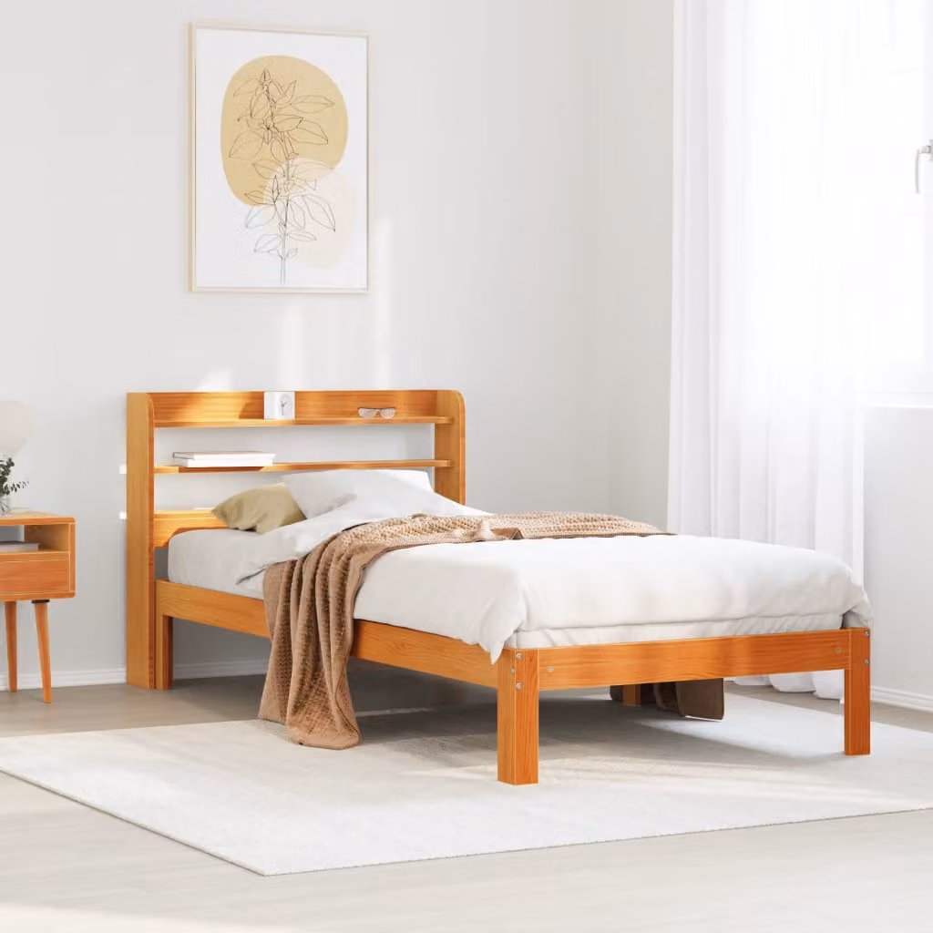 Letto in legno di pino massiccio vidaXL Marrone Cera con ripiani laterali L/P/H: 200 x 100 x 82 cm