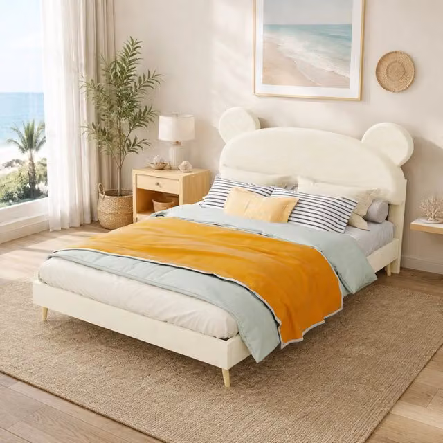 Letto imbottito per bambini 140 × 200 cm beige con testiera in tessuto e materasso a molle insacchettate