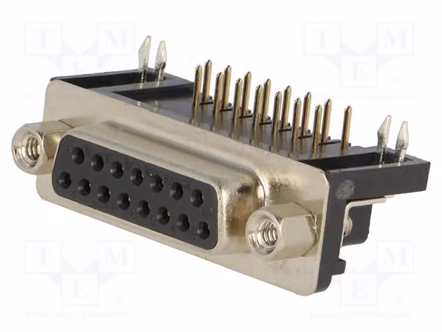 1 connettore D-Sub a 90°, femmina, con piedini a foro passante (THT), 15 pin. Codice prodotto: DS1037-01-15FNAKSI74. Connettore D-Sub