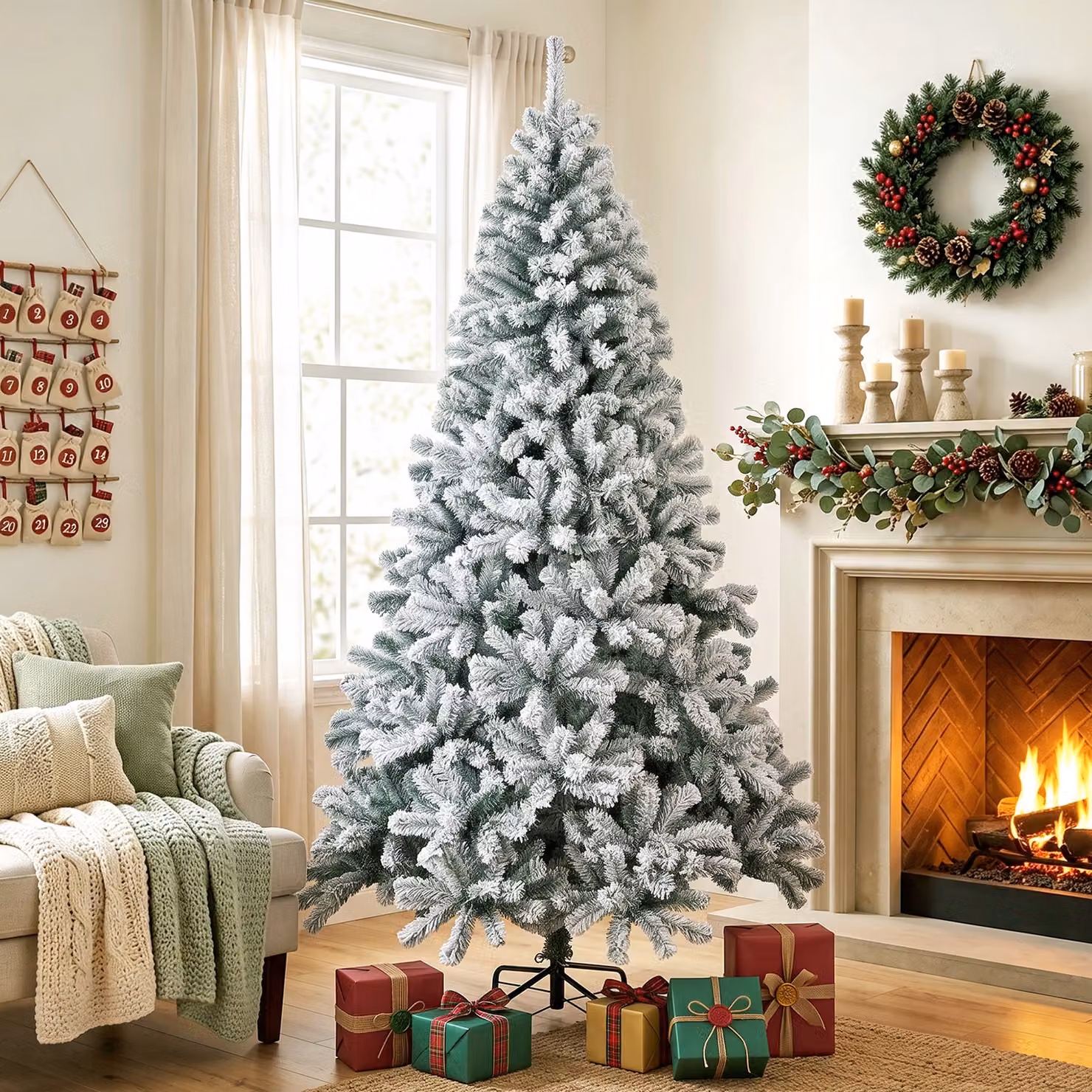 Albero di Natale innevato HOMCOM con 1000 punte e rami articolati, Verde e Bianco, Altezza: 230 cm – 2