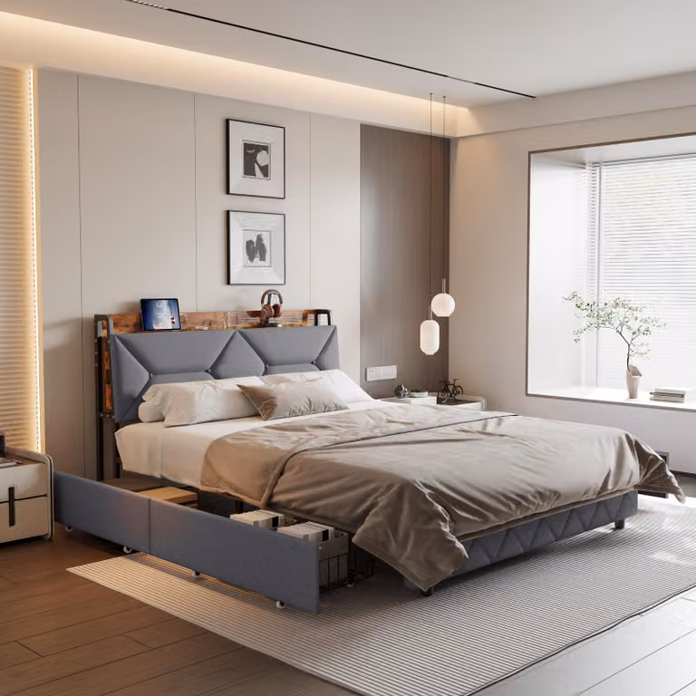 Letto massiccio ProximaX 160x200 cm con schienale ergonomico e contenitore estraibile nella testata - letto robusto in acciaio e legno dal design moderno, resistente e confortevole