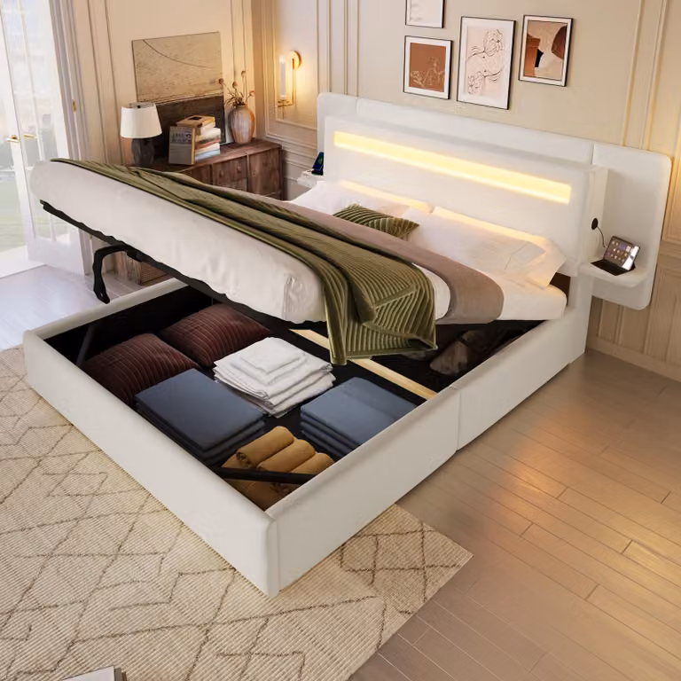 Letto imbottito MODFU, 140 x 200 cm, con spazio contenitore idraulico, letto per ragazzi con comodino integrato, letto contenitore multifunzionale con luci LED multicolore e materasso, color beige