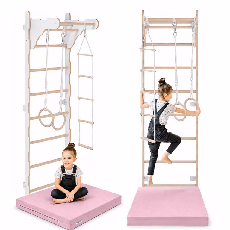 Scala da ginnastica per bambini (210 cm) | Scala da parete in legno | Struttura da arrampicata per bambini | Ruote da ginnastica | Materassino protett