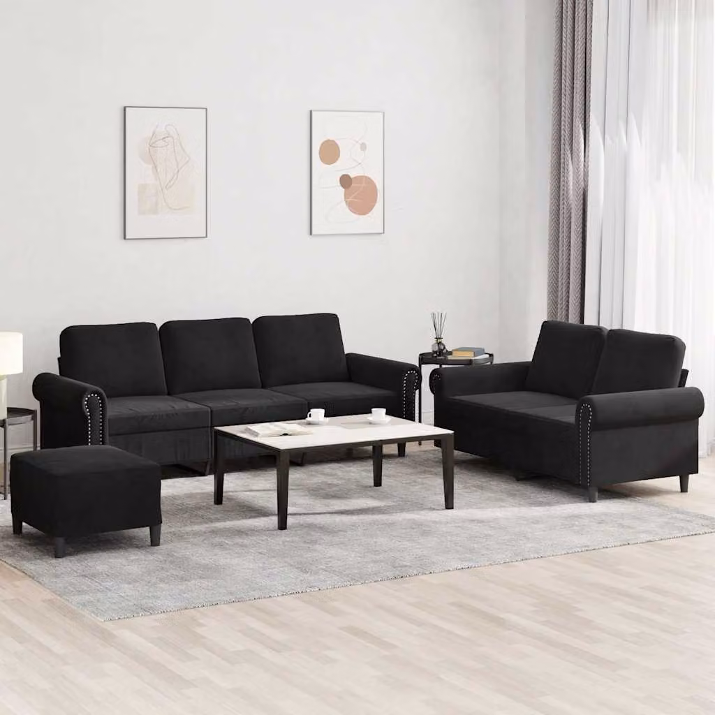 Set di divani vidaXL 3 pezzi in velluto nero con pouf e cuscini per soggiorno moderno – 1