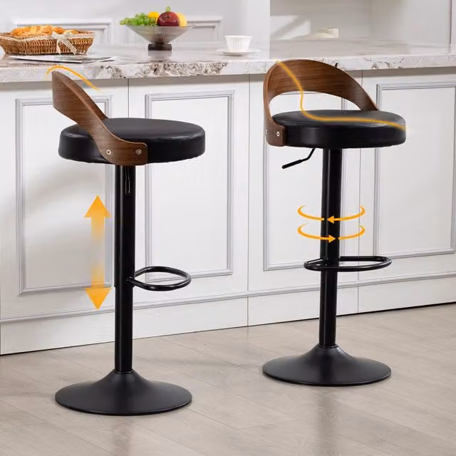 Sgabello da Bar Girevole MINIMAL con Schienale, Seduta in PU Nero e Altezza Regolabile