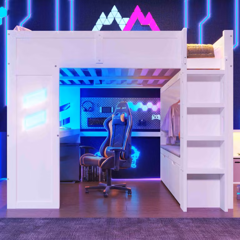 Letto a soppalco Sweiko, 140x200cmGaming, Letto con scrivania, Con luci LED, 1 porte USB, 1 Type-C attrezzata, Scaletta, Scrivania, Cassetto, Appendiabiti, Senza materasso, Bianco