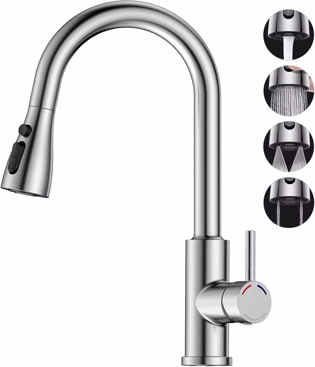 Miscelatore da cucina con doccetta estraibile, 4 getti, 187 mm, girevole a 360°, per lavello, finitura nickel