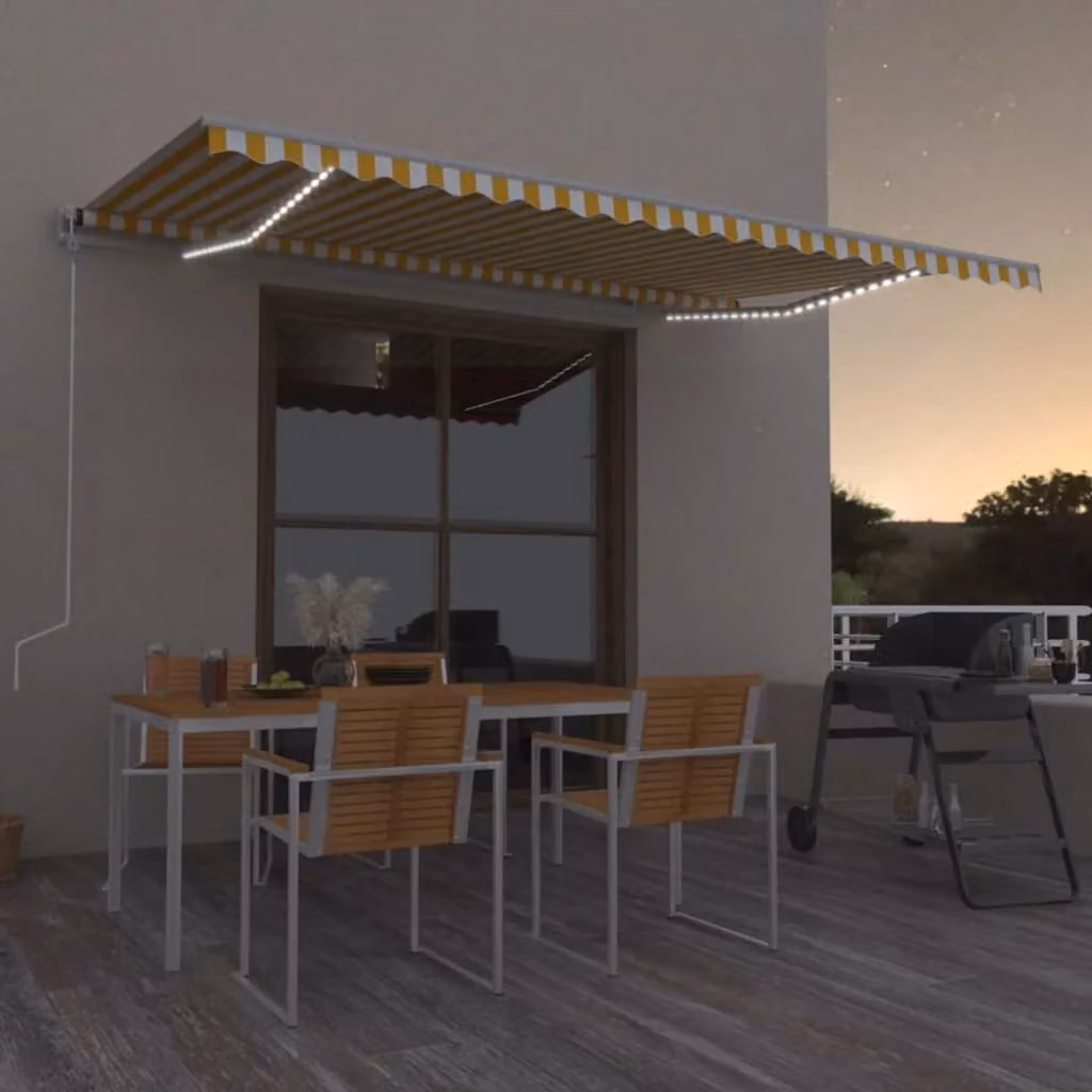 MERCATOXL Tenda da Sole Manuale con LED in Alluminio e Poliestere, Giallo e Bianco, L: 500 cm, P: 300 cm – 1