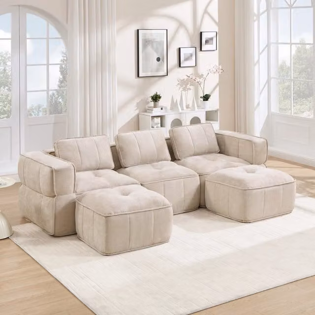Divano modulare 271x162x67 cm con seduta profonda in poliestere beige