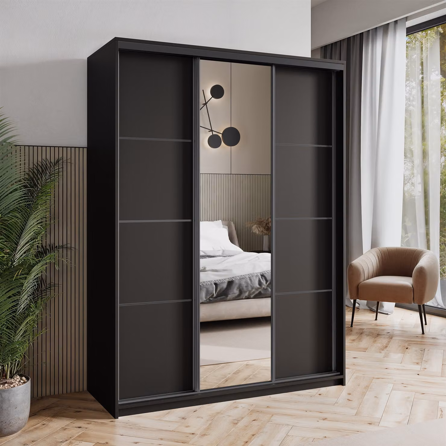 Armadio scorrevole Masseno VARO 150/205/60 cm Armadio con cassetti Armadio per camera da letto a 3 ante con specchio Nero + Nero