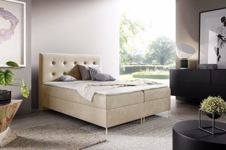 Letto GUTTO LOUI, 200 x 200 cm, con 2 strutture a letto, topper di 5 cm incluso, colore beige, rivestito in velluto, gambe dorate
