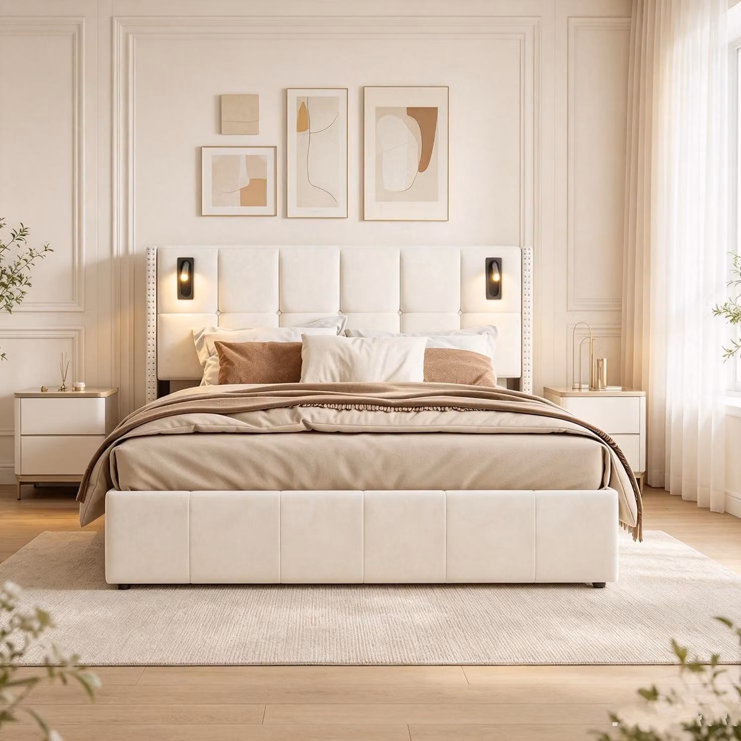 Letto imbottito INONEFT con spazio contenitore, 140 x 200 cm, letto matrimoniale con sistema di sollevamento idraulico, ideale per ragazzi, rivestito in velluto, color beige