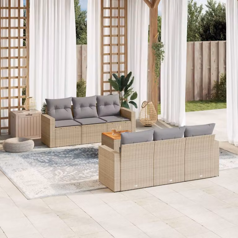 vidaXL Set Divano da Giardino 7 pz con Cuscini Beige e Grigio in Polyrattan e Legno di Acacia