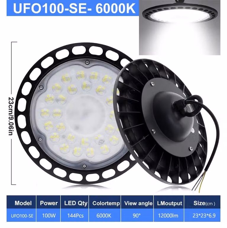 Faretto LED UFO da incasso – Lampada per magazzini e officine, 100W, 6000K (bianco freddo), impermeabile, 220V AC