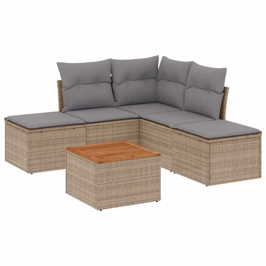 vidaXL Set Divano da Giardino 6 pz a L in Polyrattan con Cuscini Beige e Tavolino, Resistente ai Raggi UV – 2