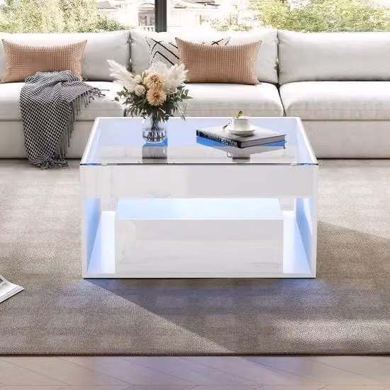 Tavolo salotto - Vetro resistente - LED - 2 prese - Design in legno