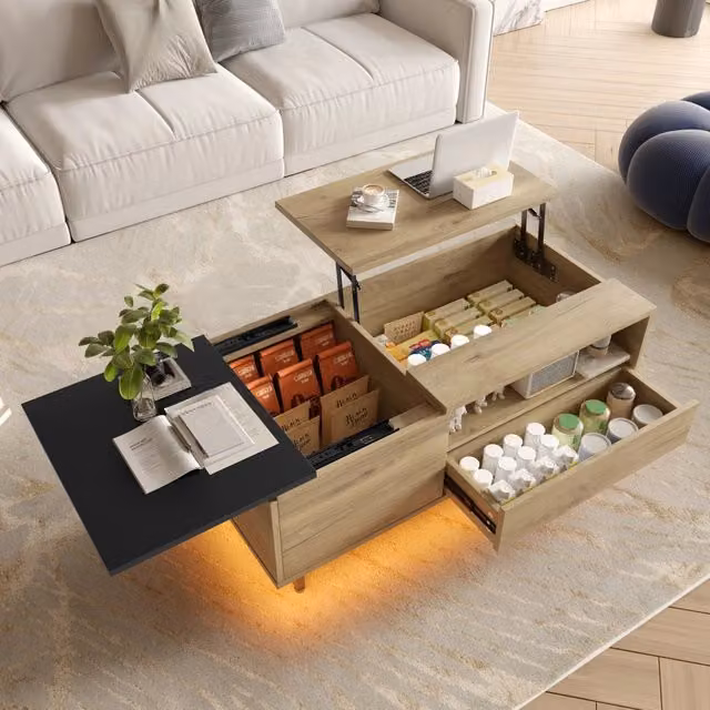 Tavolino da salotto elevabile con cassetto, vani aperti e luce LED, in legno ingegnerizzato naturale per soggiorno