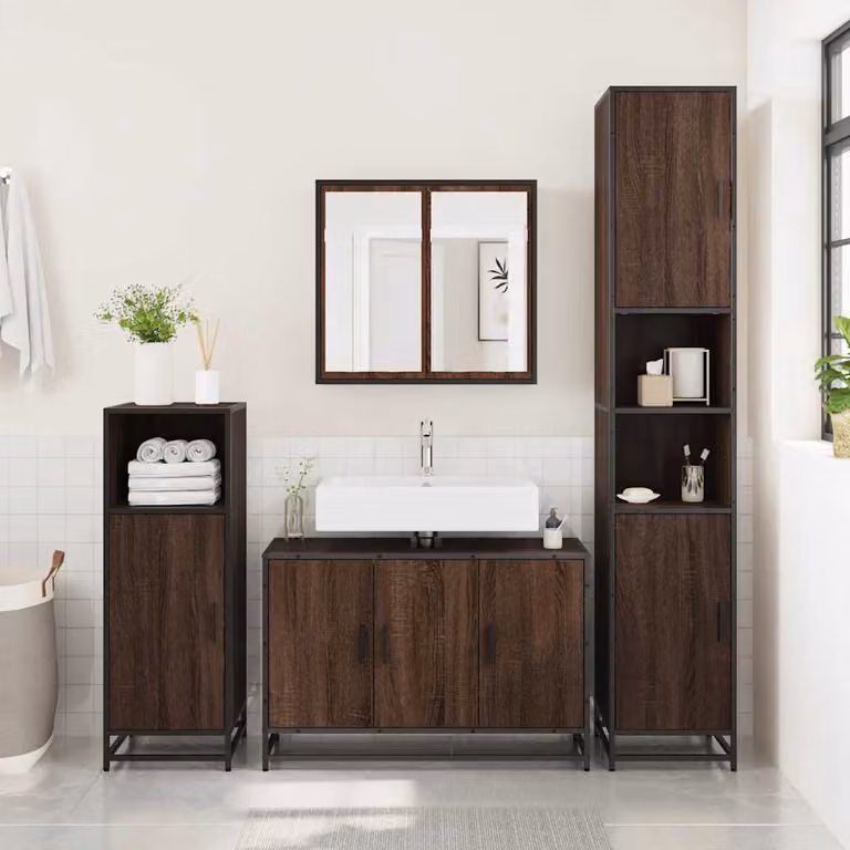 Mobile Lavabo da Bagno vidaXL in Rovere Marrone con Ante a Battente in Stile Industrial, L 90 x P 33 x H 60 cm