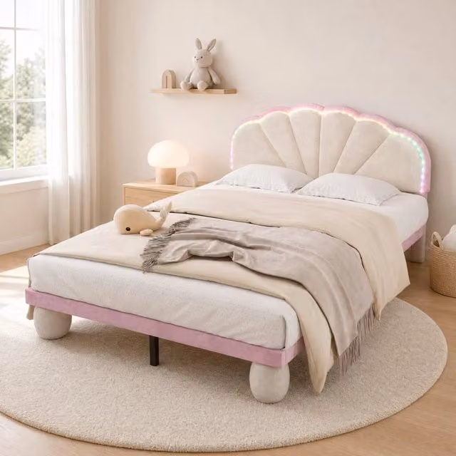Letto matrimoniale imbottito 140x200 cm in velluto beige con strisce LED multicolore