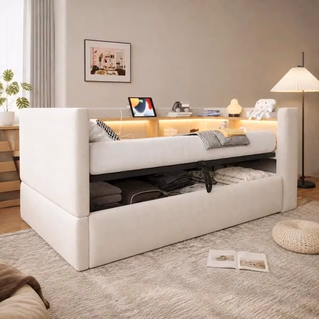 Letto divano singolo 90×190 cm con vano idraulico, mensole, luci LED e prese, senza materasso, in flanella beige