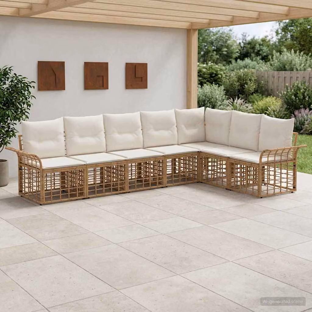 Set di divani da esterno vidaXL a forma di U composto da 7 pezzi in stile rustico con struttura in metallo e cuscini inclusi, colori beige, bianco e marrone