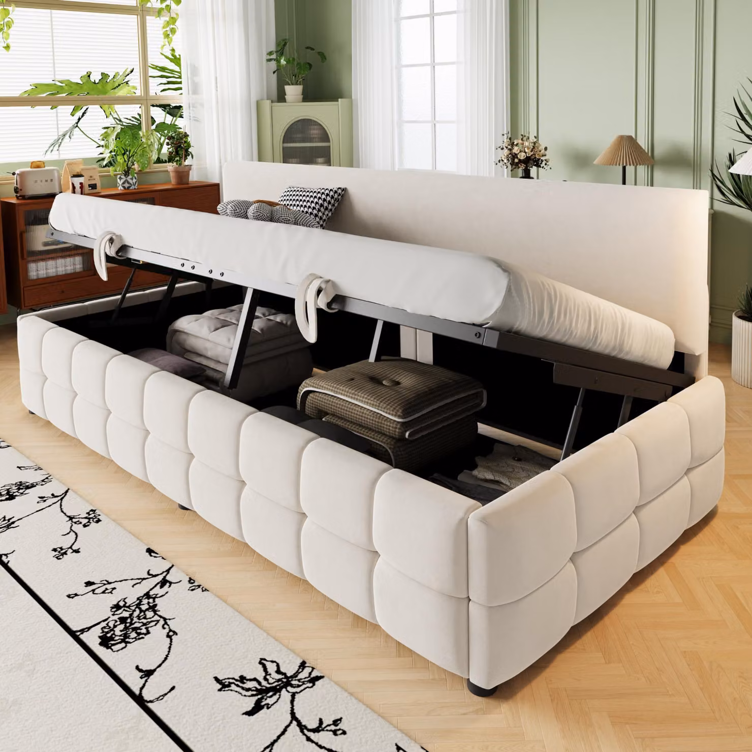 Fortuna Lai Divano letto imbottito 90*200 cm, con vano contenitore idraulico, schienale senza braccioli, con caratteristico motivo a quadri classico sul bordo inferiore. Letto singolo multifunzionale, tessuto in velluto beige