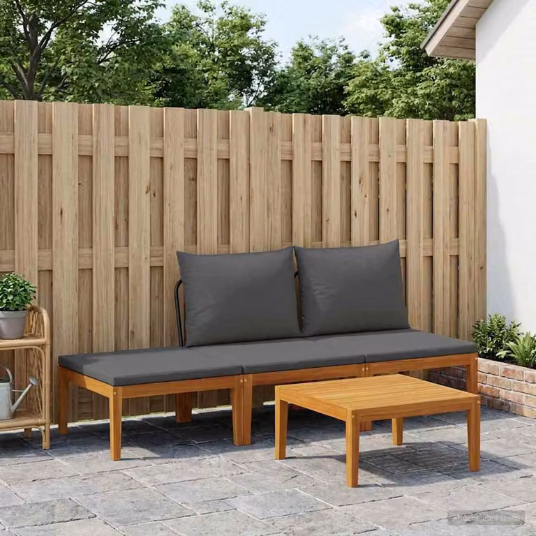 Set da giardino vidaXL in legno di acacia con divano a 2 posti, tavolino e pouf con cuscini inclusi
