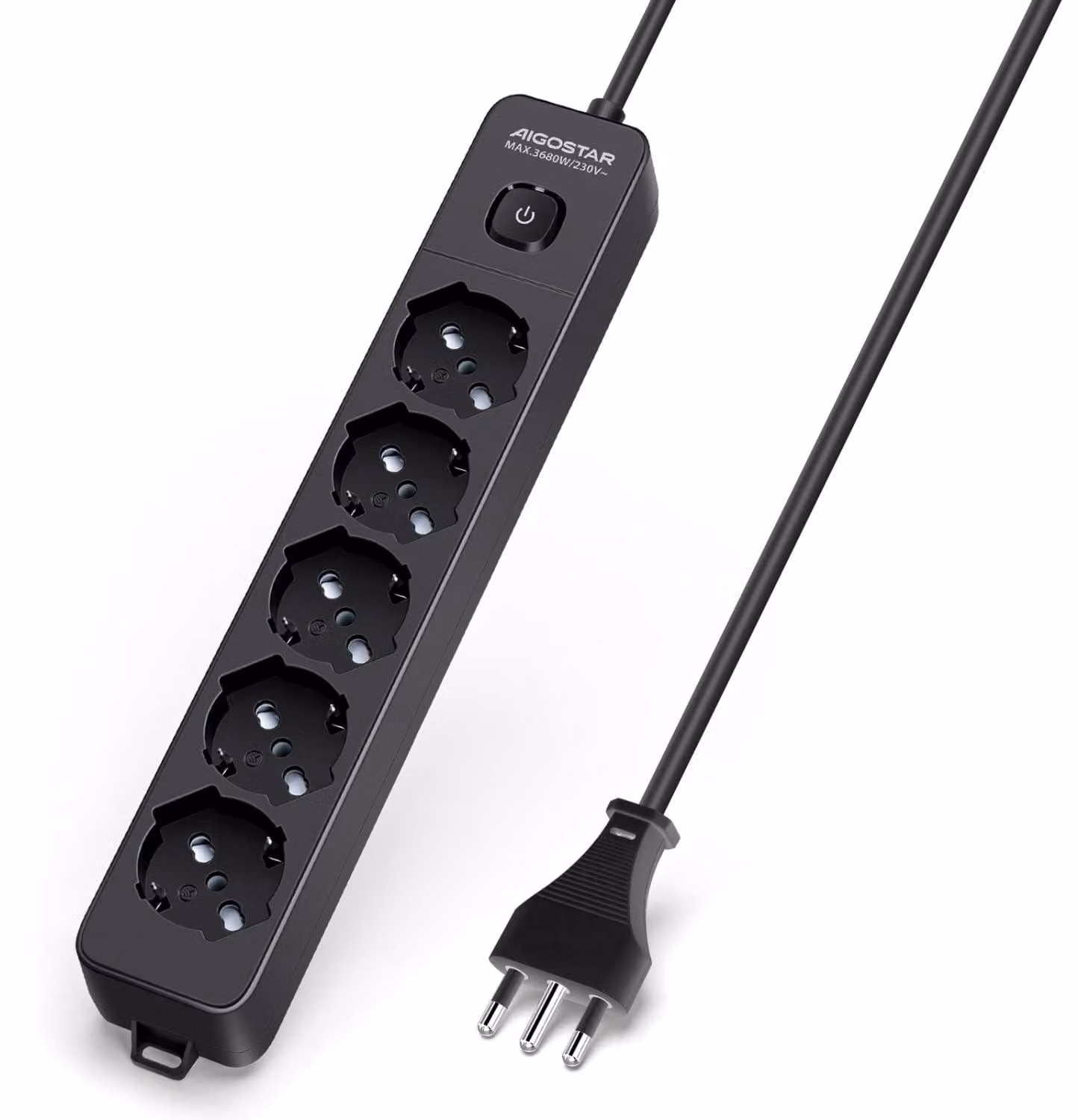 Ciabatta multipresa Aigostar, con 5 prese, interruttore, 250 V/3680 W, cavo da 1,5 metri. Colore: nero