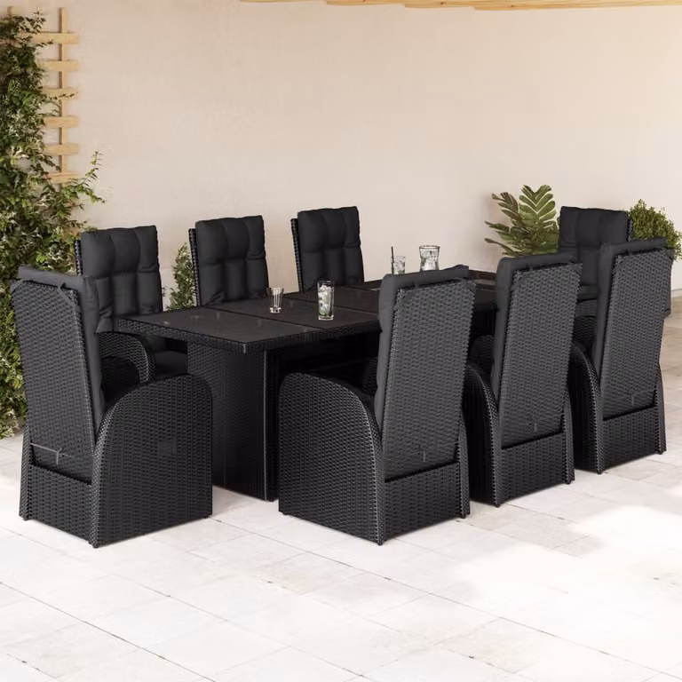 Set da Pranzo da Giardino vidaXL in Polyrattan Nero con Cuscini e Tavolo in Vetro, 9 Pezzi