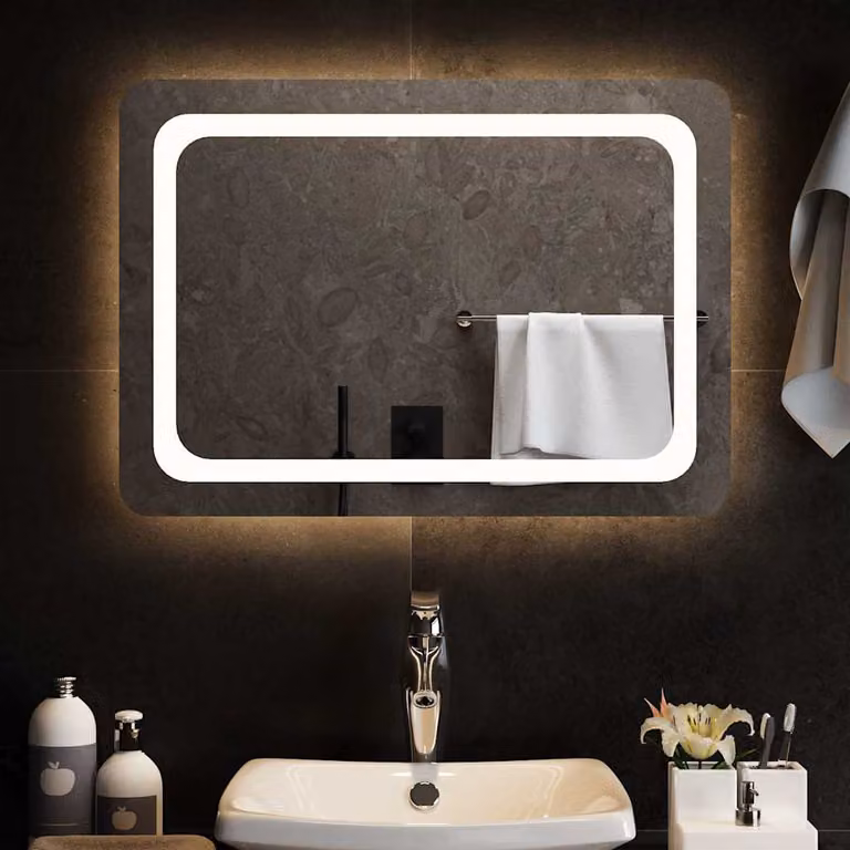 Specchio da bagno moderno vidaXL con luci LED e vetro trasparente, L: 70 cm, H: 50 cm