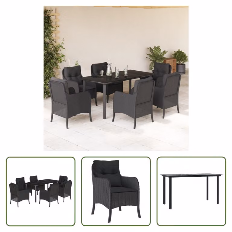 The Living Store Set da pranzo da giardino 7 pezzi con cuscini in polirattan nero