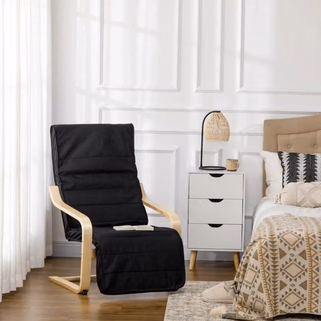Poltrona relax a sbalzo OKWISH con poggiapiedi regolabile, seduta imbottita in tessuto e struttura in legno di betulla e metallo, colore nero