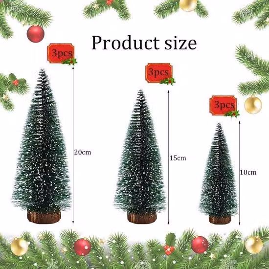 Set di mini alberi artificiali - 9 pezzi - Verde con effetto neve - 10/15/20 cm - Base in legno - Decorazioni natalizie