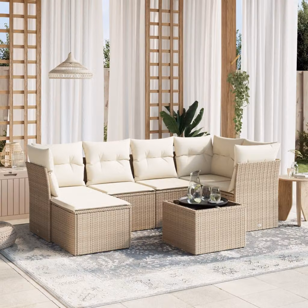 vidaXL Set Divani da Giardino 7 pz a Forma a L con Cuscini Beige e Tavolino, Struttura in Metallo e Polyrattan per Terrazza e Giardino – 1