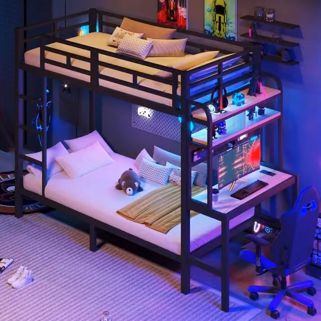 Letto a castello SINGULARTY per bambini con scrivania, ripiano portaoggetti, luce LED e porta USB, nero, L/P/H: 200 x 90 x 171 cm