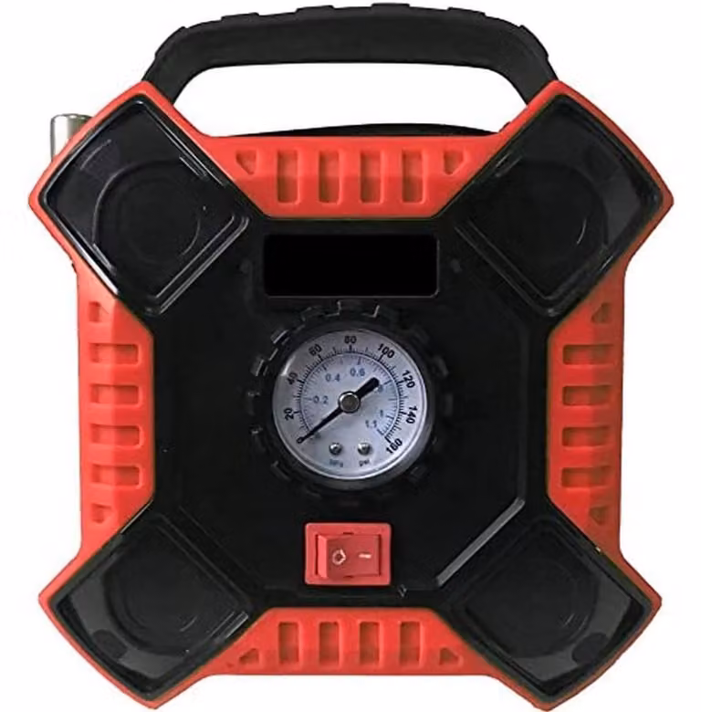 Compressore d'aria portatile da 12V per auto, con manometro analogico e 3 adattatori