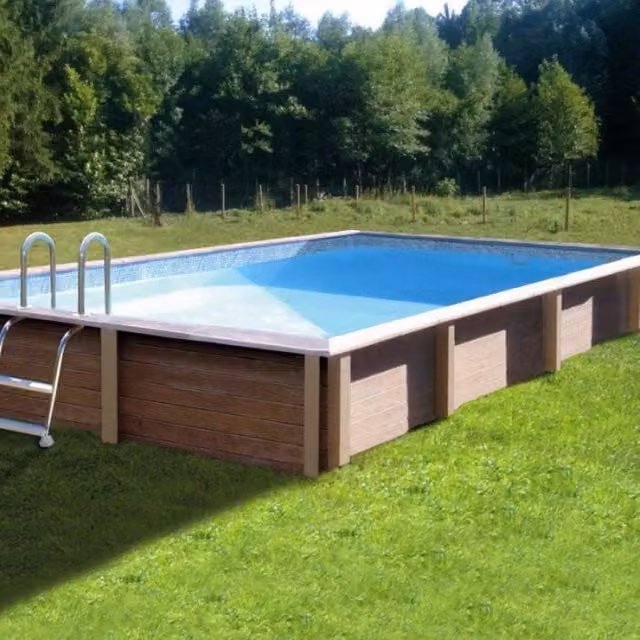 Piscina interrata rettangolare NATURALIS in pietra ricostruita effetto legno, colori blu e marrone, L: 467 cm, P: 324 cm, H: 140 cm, con sistema di filtrazione a cartuccia