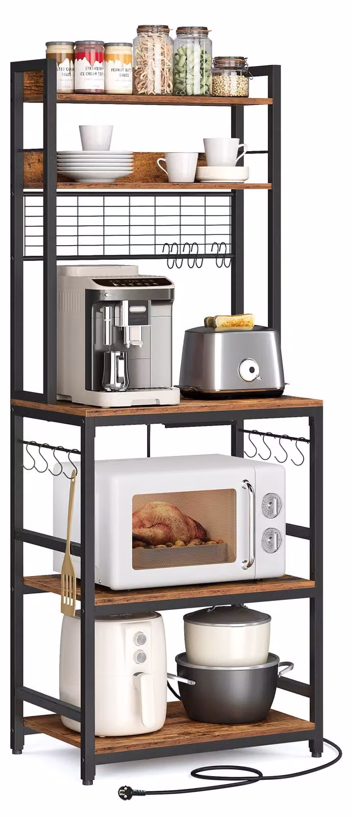 VASAGLE, scaffale da cucina, scaffale a colonna con prese elettriche, ripiano per microonde, con griglia, 14 ganci, 40 x 60 x 170 cm, colore vintage marrone-nero, modello KKS037B01EU