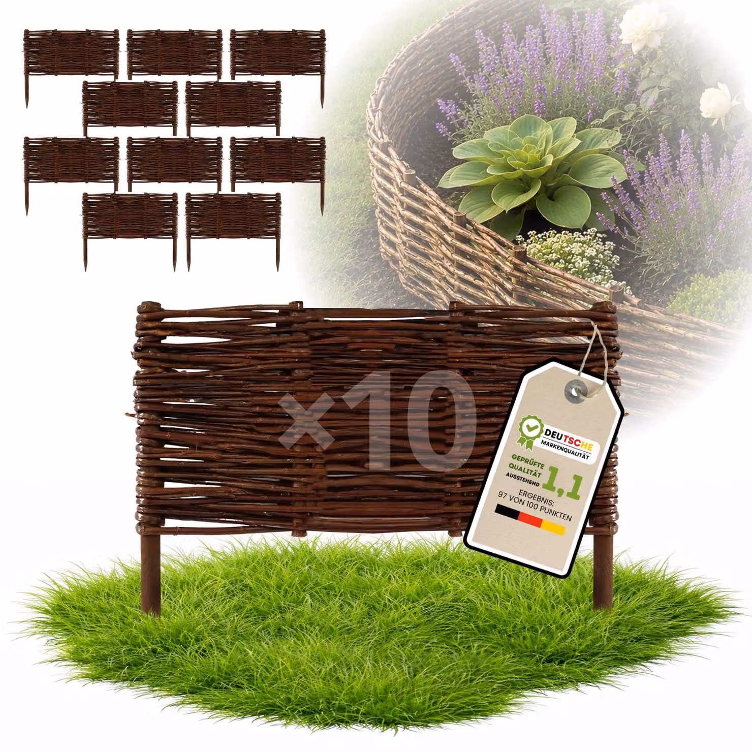 Floranica 10 pezzi Recinzione in vimini 30 cm x 30 cm – Staccionata da giardino intrecciata Palizzata Recinzione naturale Bordo aiuola