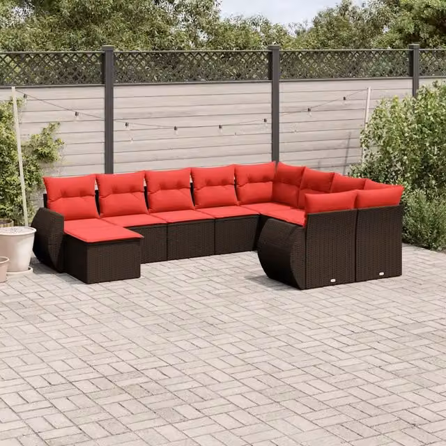 Set Divani da Giardino 10 pz con Cuscini Marrone in Polyrattan 3221863