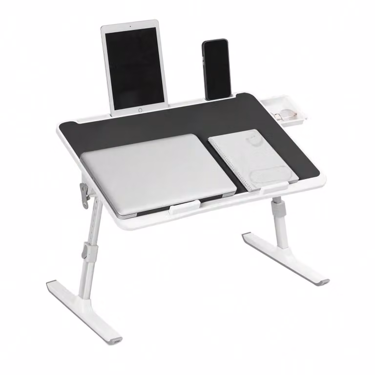 Tavolino per laptop da letto/divano - Scrivania pieghevole - 60 x 40 cm - Regolabile in altezza e inclinazione - Con cassetto - Nero