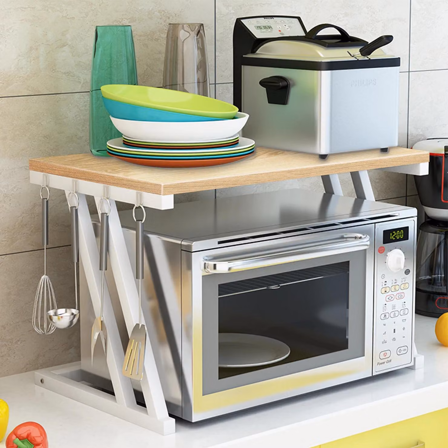 Ripiano per microonde - Scaffale da cucina per microonde - Con vano contenitore - Salvaspazio - 57 x 38 x 38 cm - Giallo chiaro