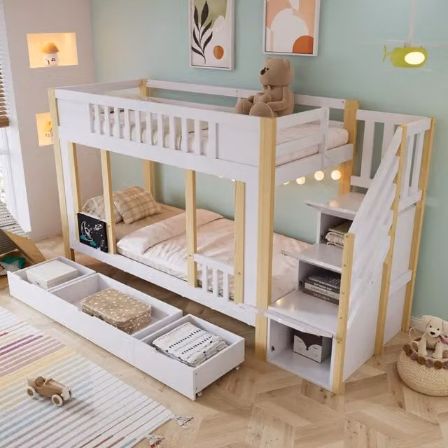 Letto a castello per bambini WISHDOR con struttura a casetta, scala contenitore, 3 cassetti e lavagnetta, Bianco e Beige, L/P/H: 200 x 90 x 150 cm