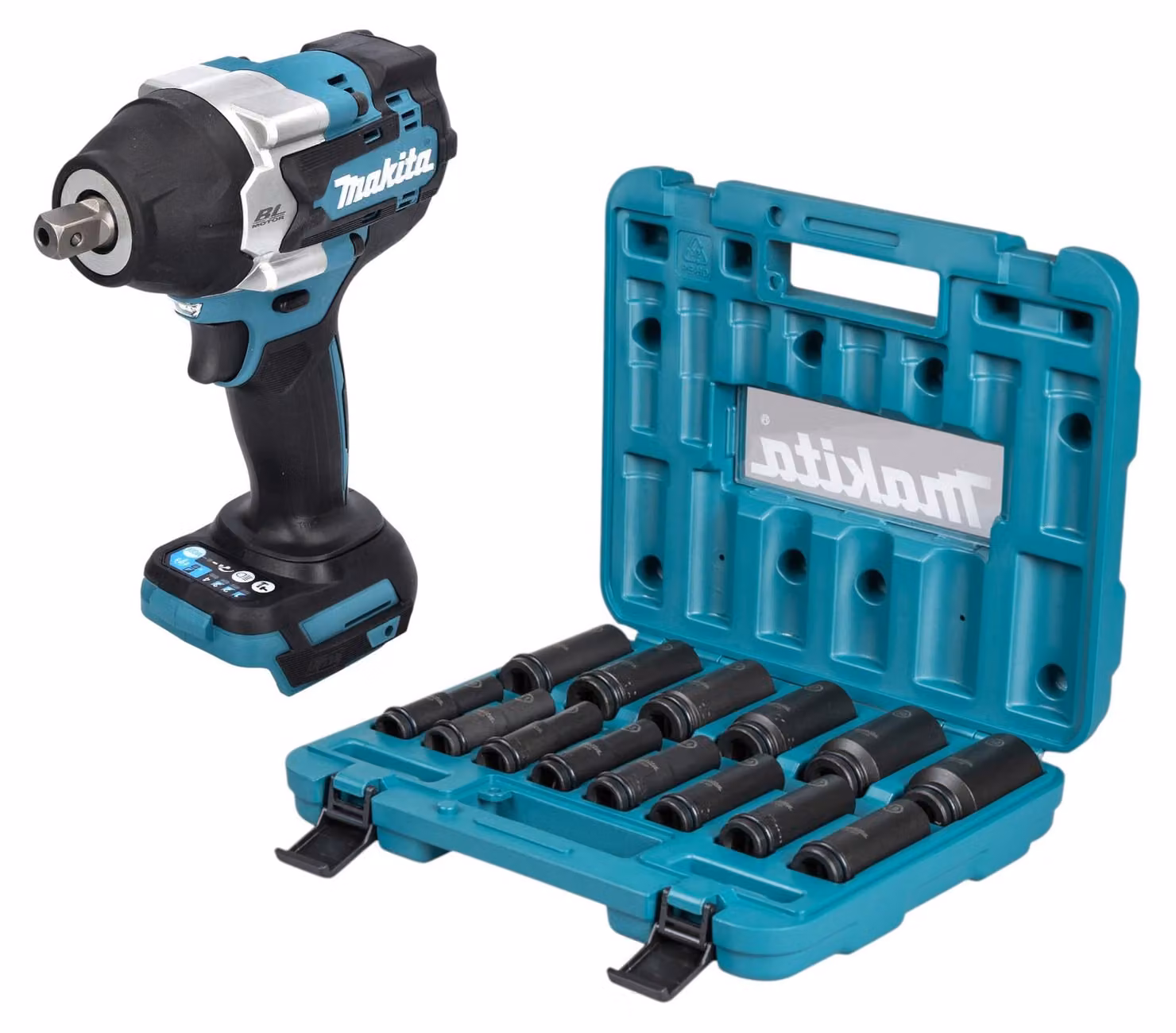 Avvitatore a impulsi a batteria Makita DTW 701 Z 18 V 700 Nm 1/2" brushless + set di chiavi a bussola 14 pezzi - senza batteria, senza caricabatterie
