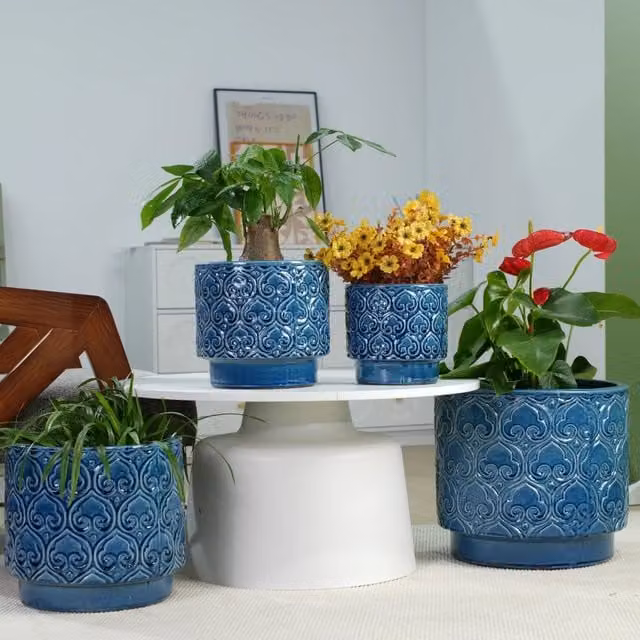 Set di 4 vasi per piante Minimal in ceramica blu lucido per giardino, balcone o interno, H: 38 cm, 35 cm, 31,5 cm, 24 cm, 19 cm – 1
