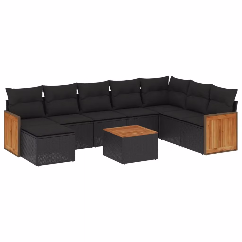 vidaXL Set Divani da Giardino 9 pz in Polyrattan Nero con Cuscini e Tavolino da Esterno – 2