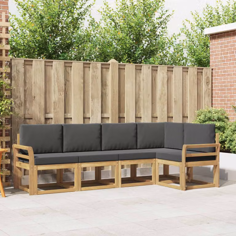 vidaXL Set di divani da esterno 5 pz a forma di L in legno di acacia con cuscini, Bianco, Antracite e Marrone