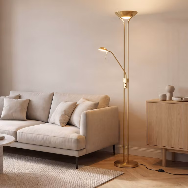 Lampada da terra con luce lettura Josefin Lindby, dimmerabile, Ottone / Oro, Soggiorno / Sala da pranzo, Metallo, Moderno, Lampada LED da terra