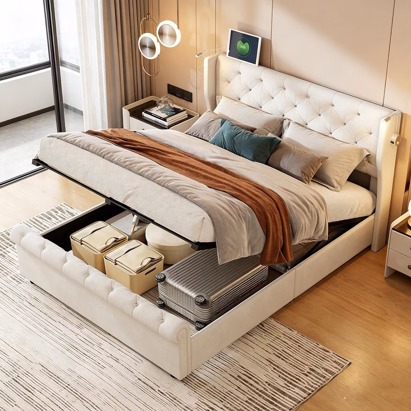 Letto con boxspring 160x200 con lampada da lettura e porta USB, letto imbottito con spazio contenitore, letto matrimoniale con sistema di sollevamento idraulico, rivestito in velluto, color beige.